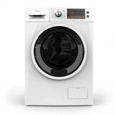 Prednja strana kombinovane mašine za veš sa crnim vratima Tesla, bijela