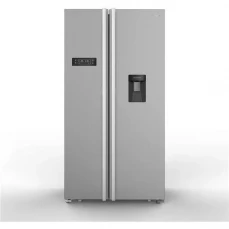 Prednja strana side by side frižidera sa točilicom za vodu Tesla, sivi